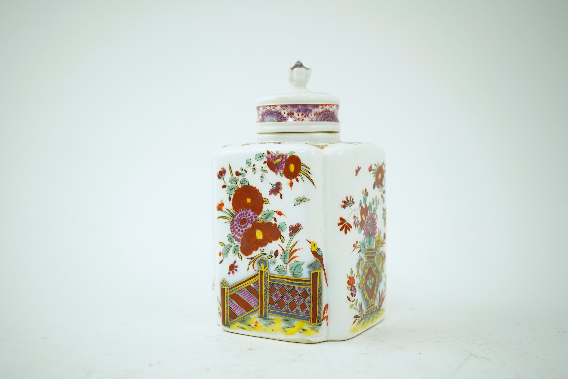 A Meissen polychrome tea caddy and cover, c.1760